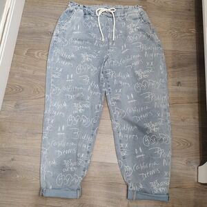 Gemma Rae Womens Jeans Blue Novelty Graffiti Light Wash Drawstring 15/32‎ Y2K